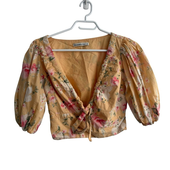 Abercrombie & Fitch Floral Cropped Puff Sleeve Tie Front Gauzy Top Sz Small - Picture 3 of 10